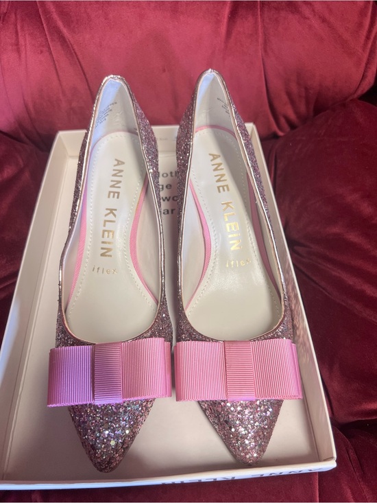 Anne Klein Shoes - Anne Klein Pink Glitter Pointed Toe Heels with Pink Bow Accent